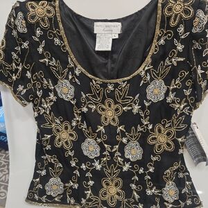 Papell Boutique Black and Gold Embroidered Women's Top 100% Silk